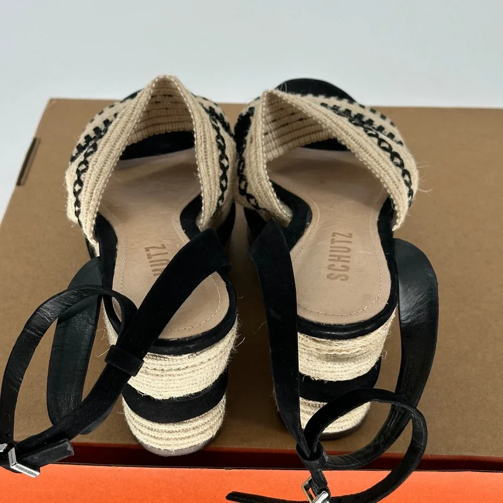 Schutz Denes‎ Platform Espadrilles Black Cream Open Toe Sandal 6.5 Summer Resort